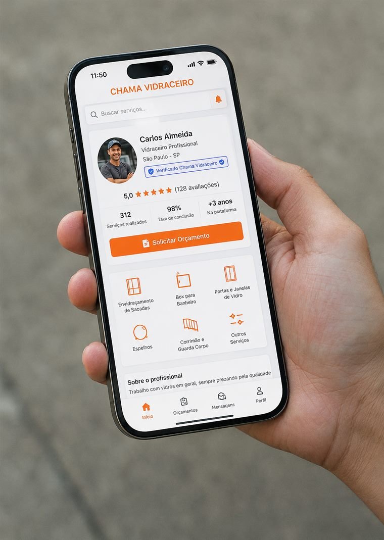 Perfil do vidraceiro Carlos Almeida no app Chama Vidraceiro, mostrado em um iPhone